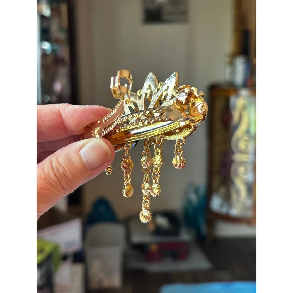 Jerrinnie Blue Peacock Enamel Rhinestone Hair Barrette Gold Tone Dangle Clip